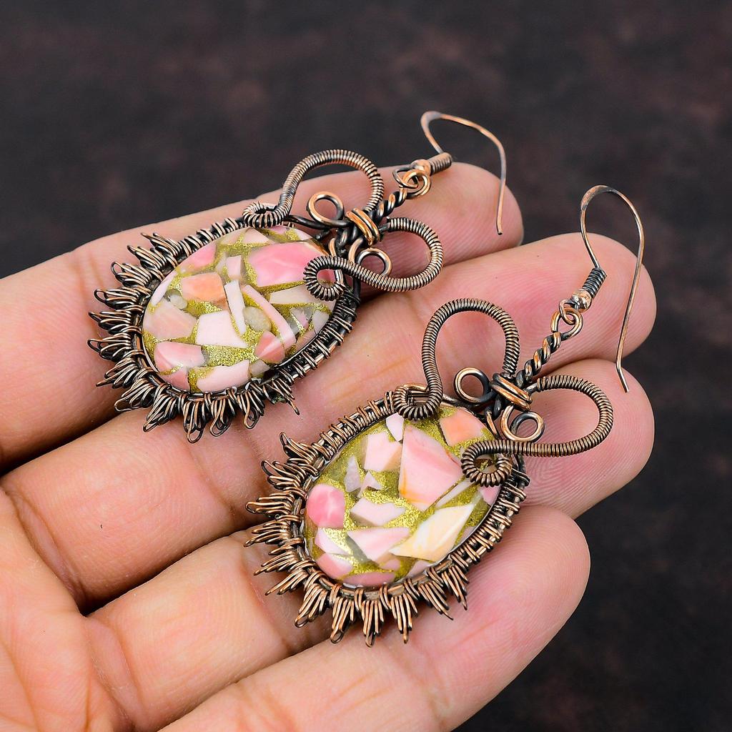 Медные серьги с розовым опалом Серьги из медной проволоки Серьги с розовым опалом Ювелирные изделия Серьги с драгоценными камнями Серьги ручной работы Изящные медные украшения Подарок для нее