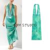 Летняя новинка Женская одежда Стиль для отпуска Декоративный принт с драпировкой Воротник-хомут Открытая спина Длинное платье 8023362