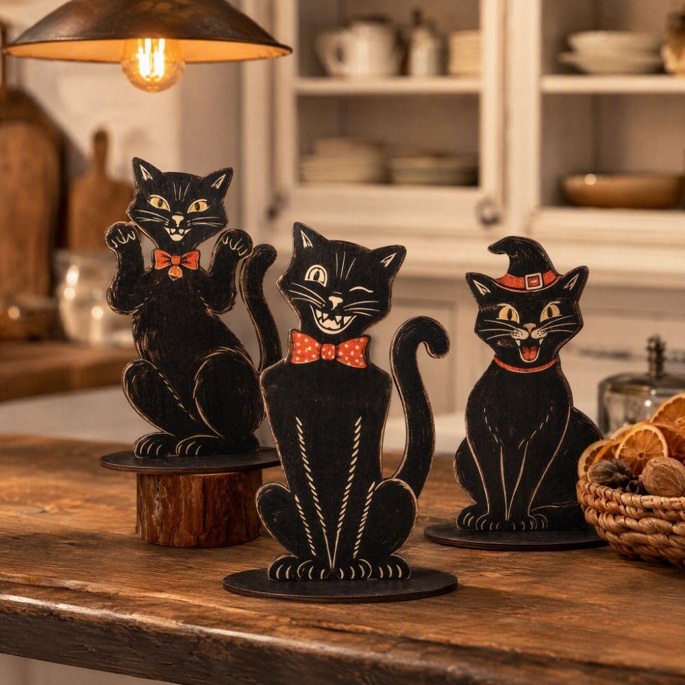 3 pcs Vintage Sitting Cat Statue Wooden Cat Decorative Plaques Desktop Ornaments Halloween Party