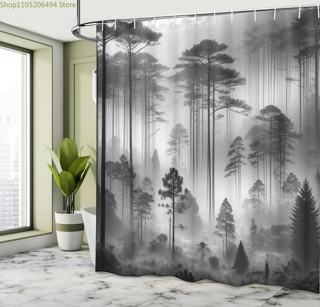 Черно-белая шторка для душа туманные высокие деревья лесной массив природный ландшафт ткань украшение для ванной шторка для душа с крючком