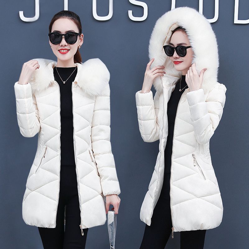 Women Cotton-Padded Jacket In Long Autumn Winter Thickened Big Wool Collar Cotton Coat Korean Slim Cotton-Padded Coat