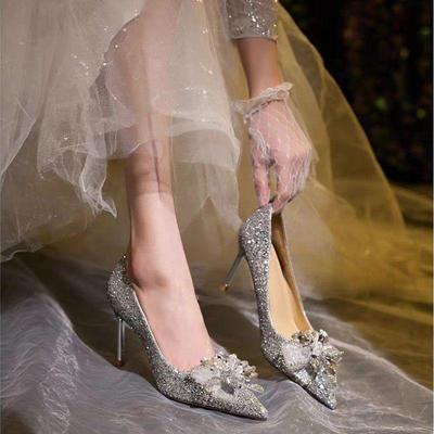 2025 Свадебные хрустальные туфли на высоком каблуке во французском стиле с бантом и пайетками