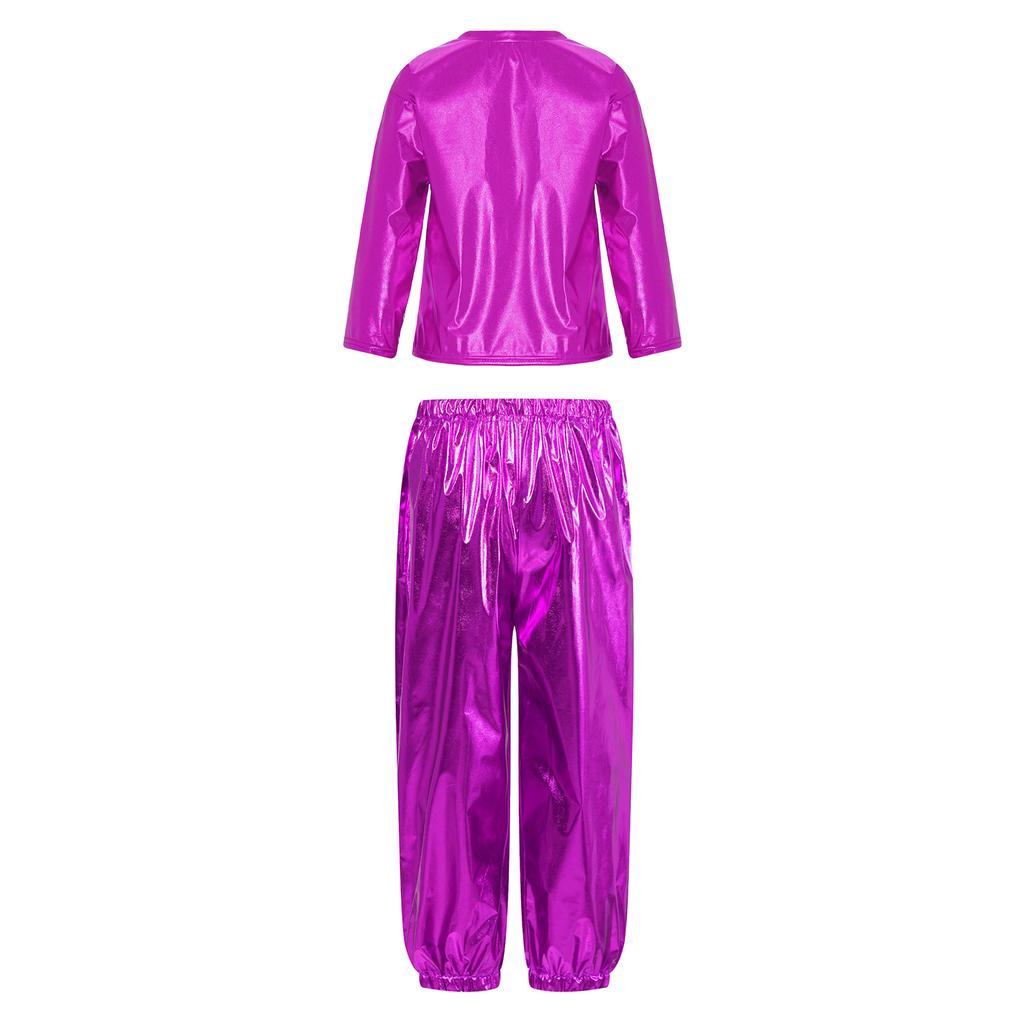 Girls Dance Party Outfit Metallic Shiny Long Sleeve Round Neck T Shirt with Performance Pants Set