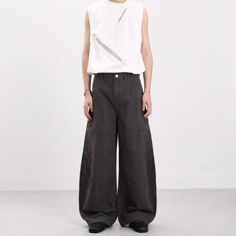 Mens Baggy Cargo Pants With Side Zip Pockets Washed Cotton Loose Fit Streetwear Trousers Teens Adults