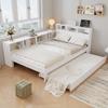 Wooden Bed 120x200 cm with Pull-Out Bed 90x190 cm, White Bed with Side Storage Shelf Mountable Left/Right, Headboard Shelf and Charging Station