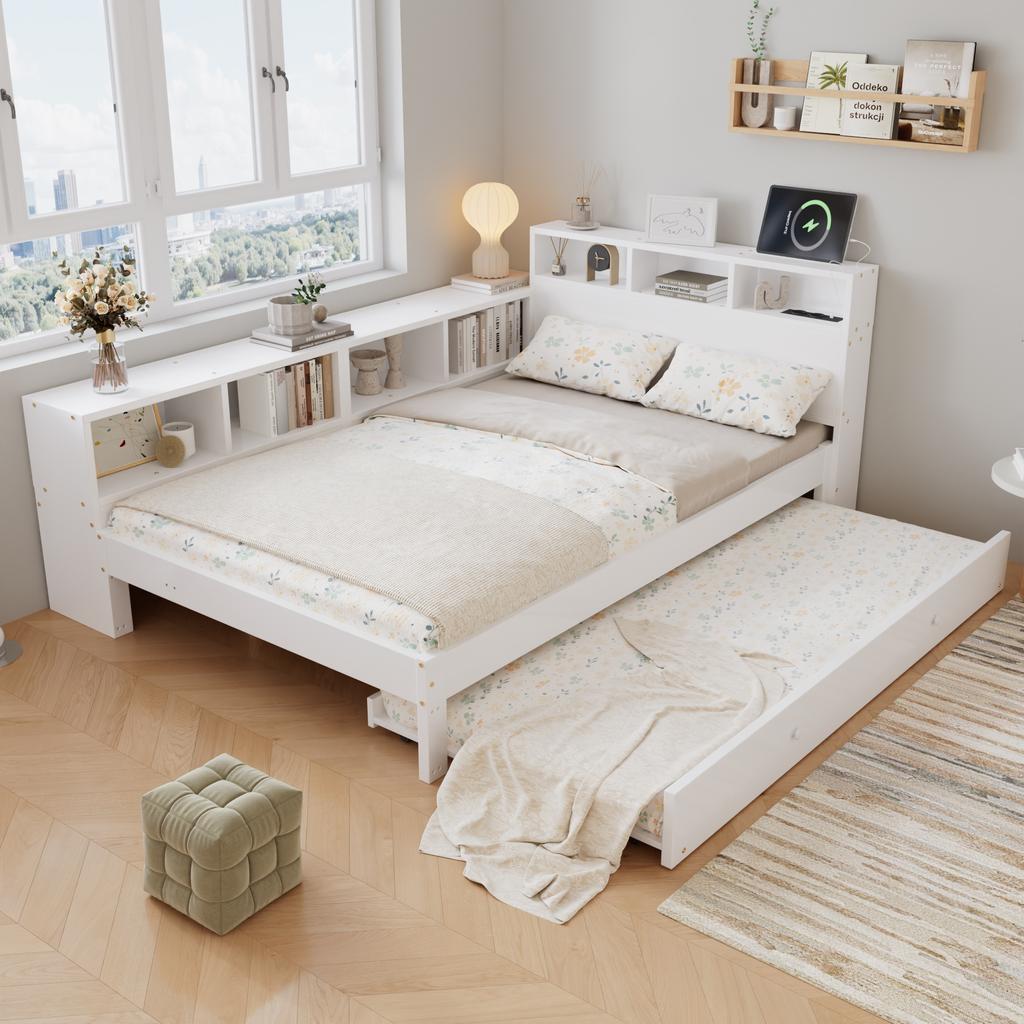 Wooden Bed 120x200 cm with Pull-Out Bed 90x190 cm, White Bed with Side Storage Shelf Mountable Left/Right, Headboard Shelf and Charging Station