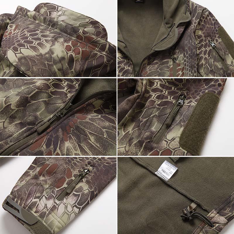 Мужская водонепроницаемая куртка Soft Shell Camouflage, зимняя теплая флисовая куртка Python Camo Military, тактическая куртка с капюшоном для активного отдыха, одежда для охоты