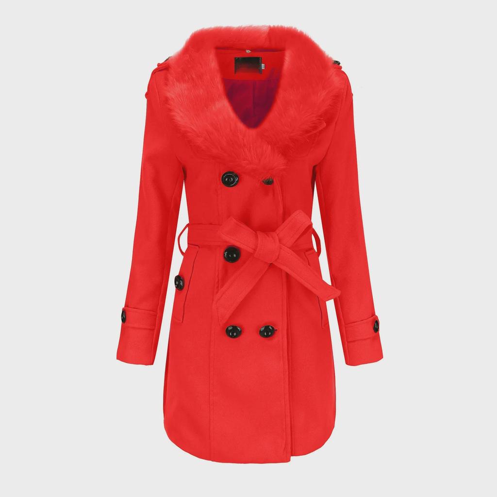 Женское шерстяное зимнее пальто средней длины с большим меховым воротником - европейский размер