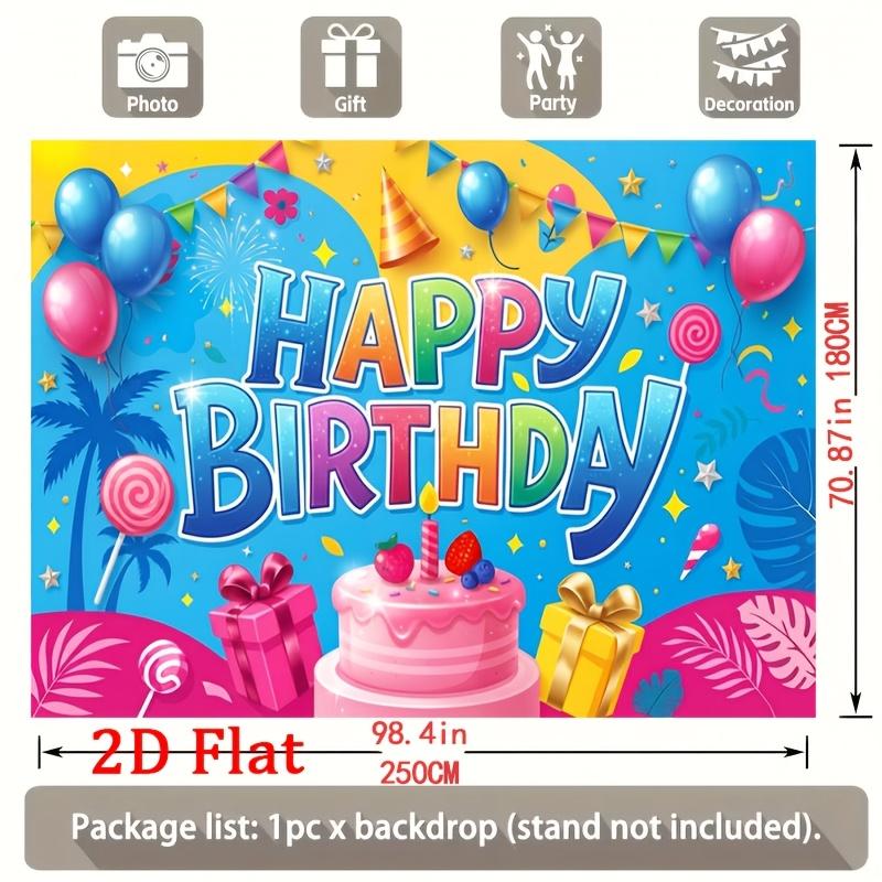 Vibrant Tropical-Themed Celebration Banner with Bold Happy Birthday Lettering, Colorful Balloons, Palm Trees, Lollipops, Gift Boxes and