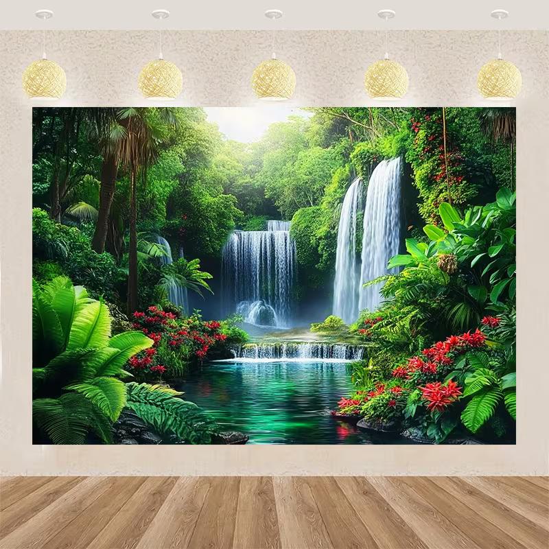2D Фон с водопадом в пышном лесу Тропическая природа Фотофон