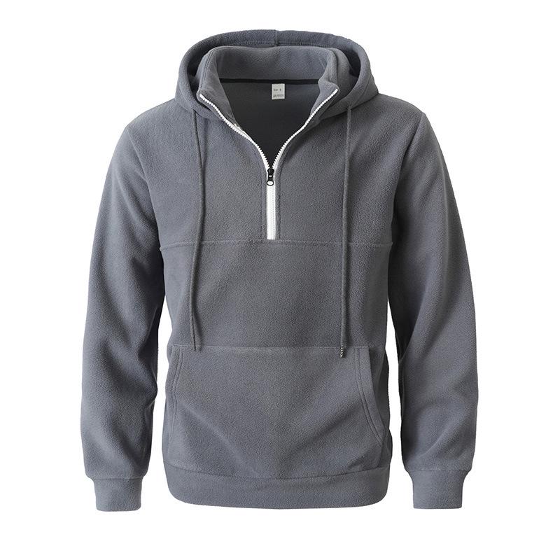 Men's Thick Hooded Sweatshirt, Stand Collar Half-Zip, Long Sleeve, Autumn/Winter, European Size, Casual Style.