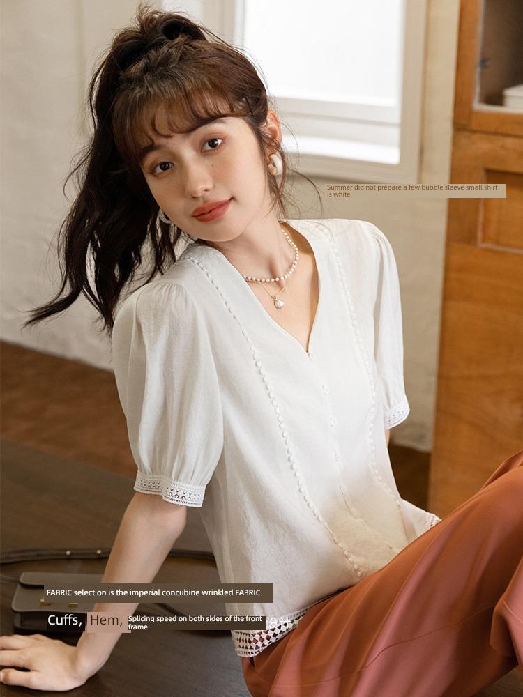 Mishow Кружевная рубашка для женщин, летняя элегантная французская винтажная блузка с пышными рукавами, базовая блузка с v-образным вырезом, женская одежда MXB29X0313