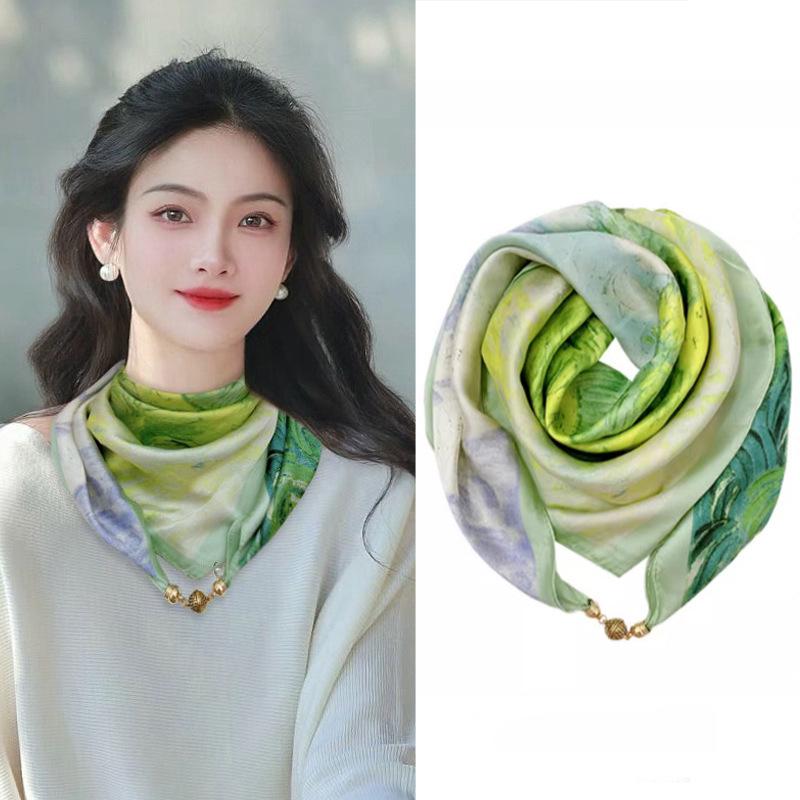 Magnetic Buckle Silk Neck Scarf: Triangle Design for Women, 70x70cm, Lightweight Spring/Summer/Autumn Accessory