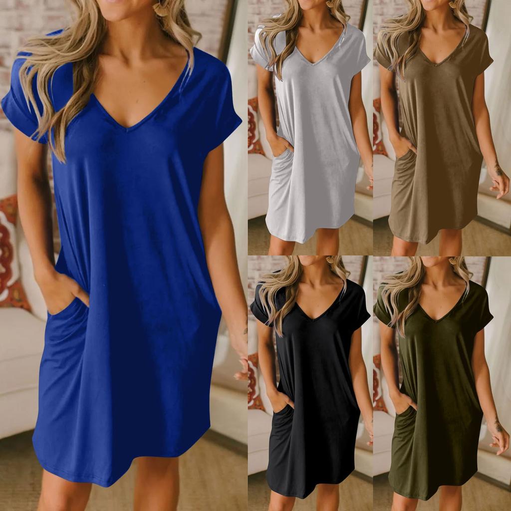 Women's Summer Dresses Casual Sundress Loose Flowy V Neck Short Sleeve Mini-Dresses With Pockets