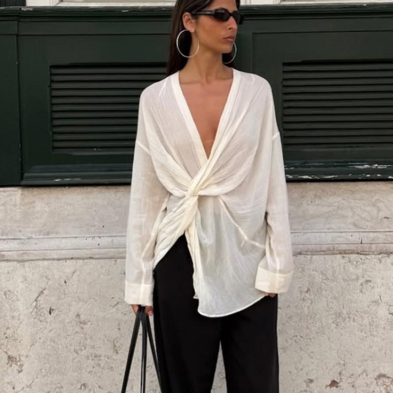 Womens Twist Knot V-Neck Long Sleeve Loose Shirt French Style Casual Top