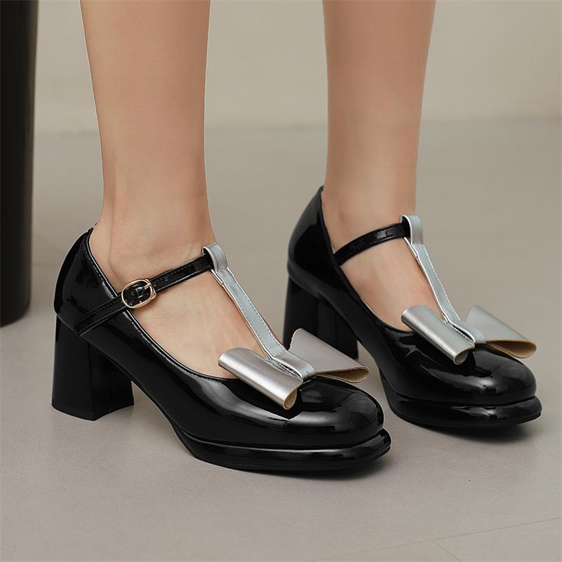Meotina Женские туфли Мэри Джейн на высоком толстом каблуке с круглым носком и завязывающимся бантом, модная женская обувь весна-осень, розовые, черные, 46