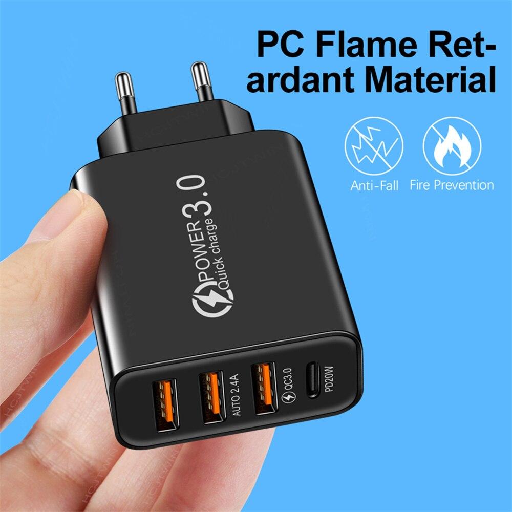 Зарядное устройство USB Type C, 4 порта 3.0 PD, адаптер питания для мобильного телефона, для iPhone Samsung Xiaomi, черный