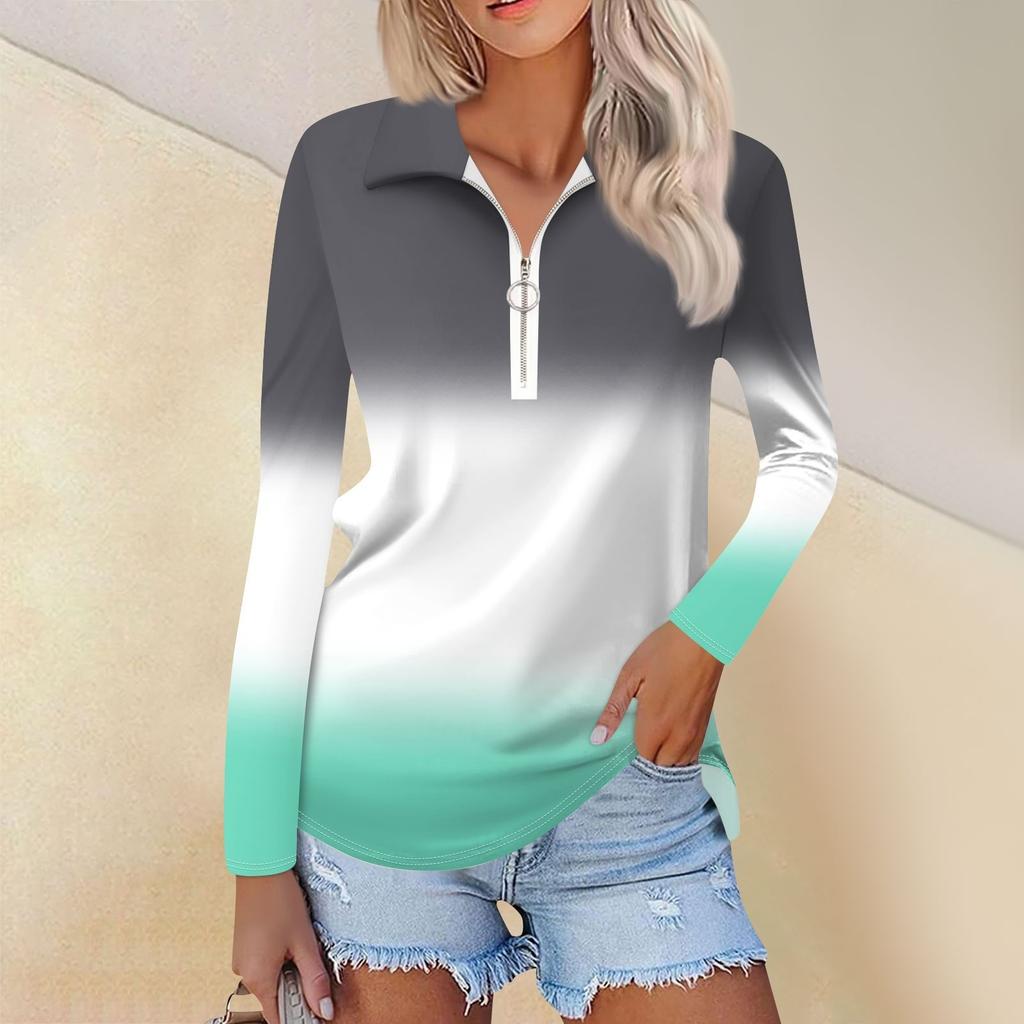 Женская весенняя и модная повседневная рубашка с принтом на молнии с V-образным вырезом и длинным рукавом