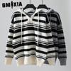 Autumn and Winter Striped Women's Sweater Pullover Hooded Drawstring Knit Sweater Woman