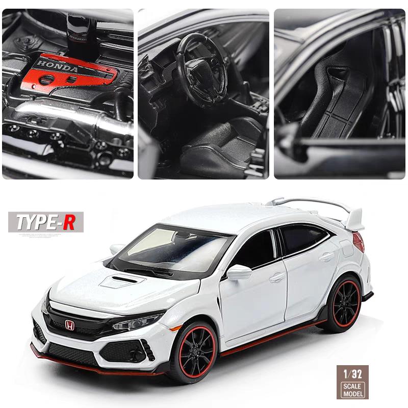 Honda Civic Type R JDM Симуляция Литая модель и игрушечный автомобиль Звуки и свет Оттягиваемый механизм 1:32 металлические модели автомобилей, подарки для детей
