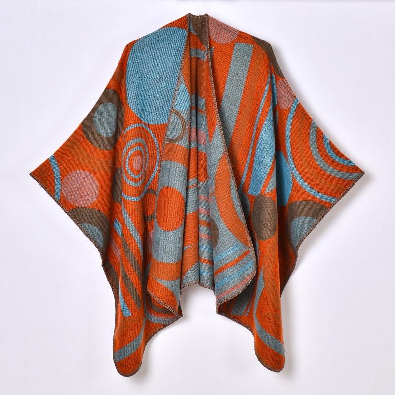 New Geometric Abstract Line Stitching Women's Autumn and Winter Warm Split Shawl Cape with Decorative Scarf