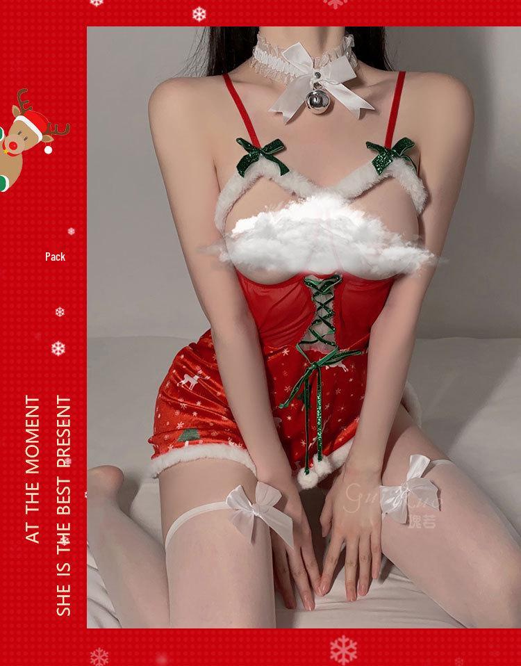 Velvet Bow Cutout Lingerie Set: Plush Patchwork Christmas Uniform for Women