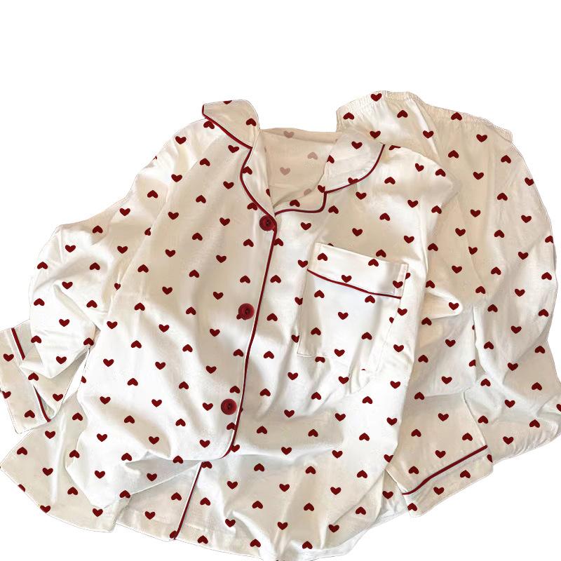 Korean version ins style girl printing love long-sleeved pajamas women's spring and autumn new loungewear suit real shot