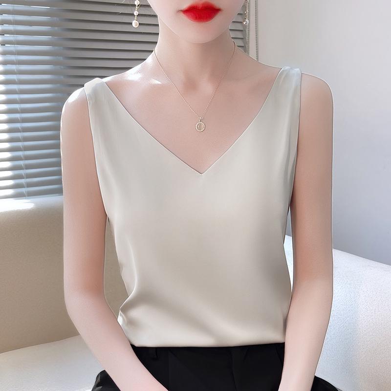 Женская летняя шелковая майка, атласный топ с V-образным вырезом, уникальный базовый слой.