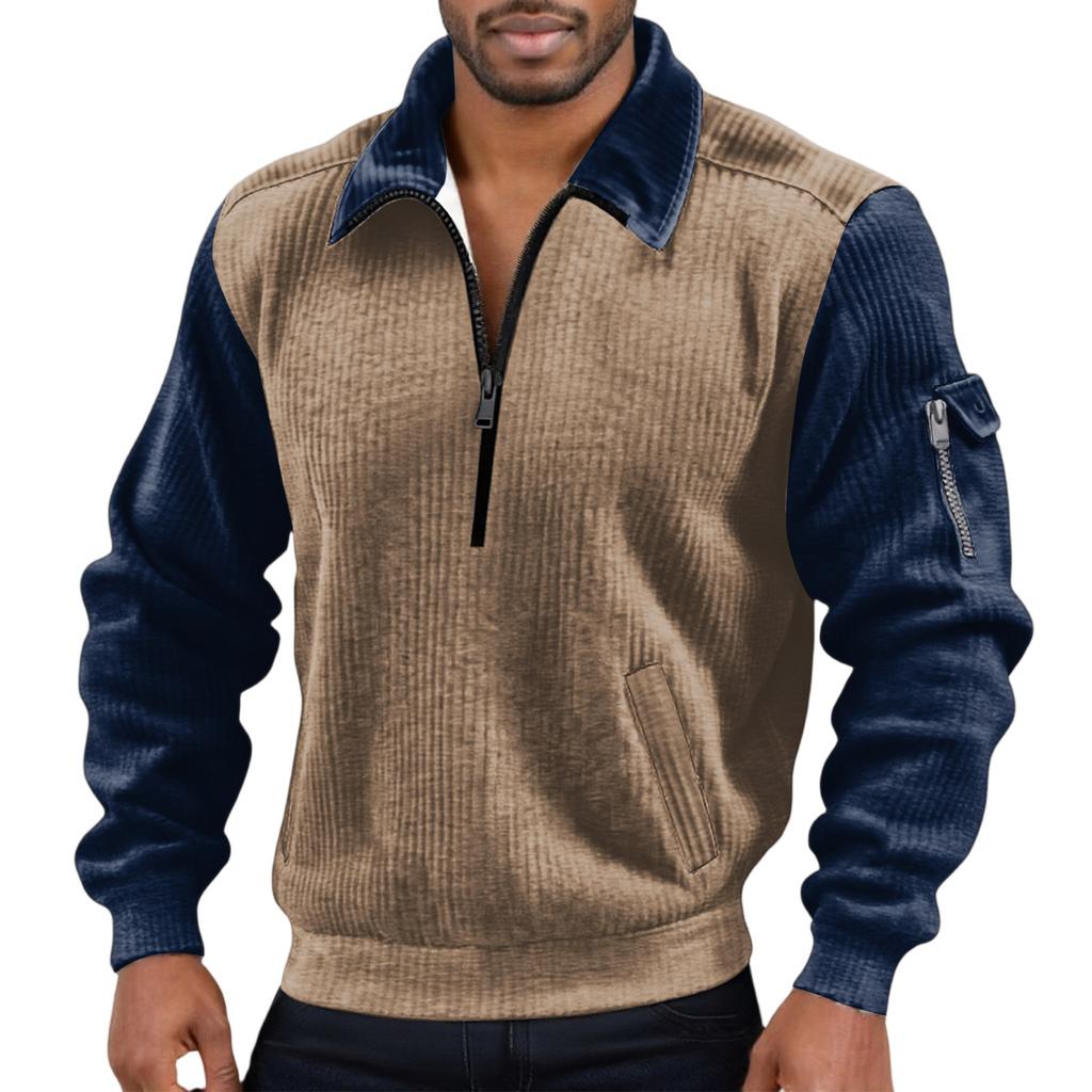 Men's Solid Color Corduroy Zipper Neck Long Sleeve Top Men's Casual Lapel Top