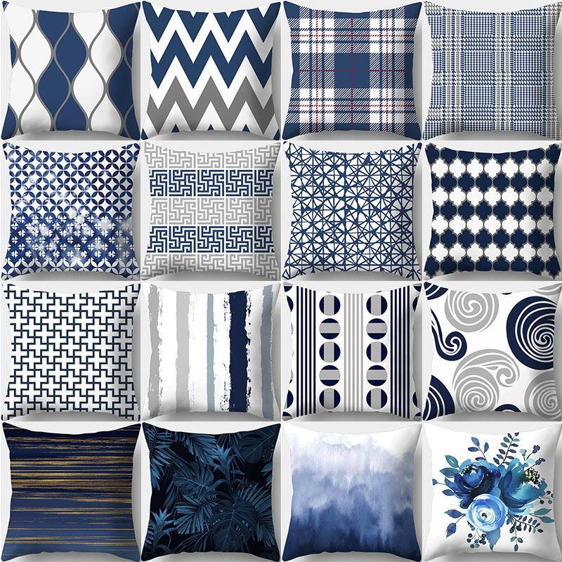 Blue Pattern Decorative Cushion Cover Stripe Geometric Pillow Case For Car Sofa Decor Pillowcase Home Throw Pillow Cover 45X45CM