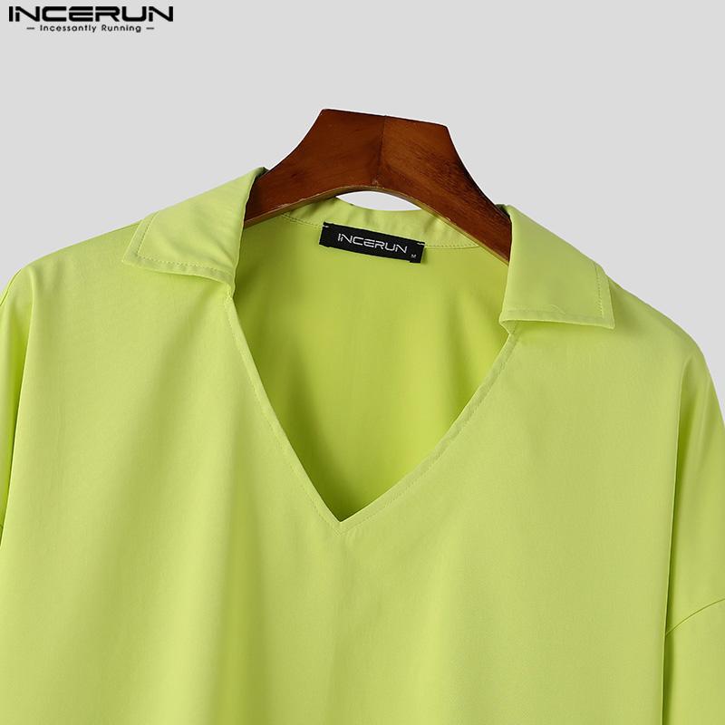 INCERUN Men V Neck Long Drawstring Sleeve Solid Color Casual Shirts Tops