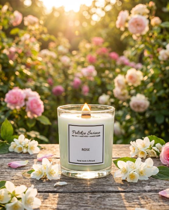 soy candle with a wooden wick + ROSE