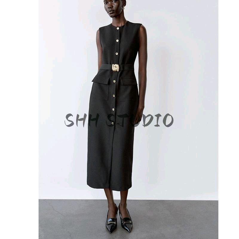 Spring New Women's Clothing Breasted Decoration with Belt Crepe Sleeveless Round Neck Midi Skirt Dress 3897054