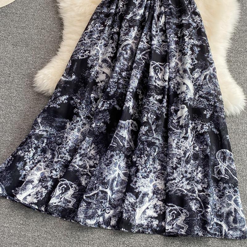 RUGOD Лето 2022, новое легкое платье с короткими рукавами и лацканами, в знакомом стиле, длиной выше колена с ретро-принтом, элегантное длинное платье с большой талией