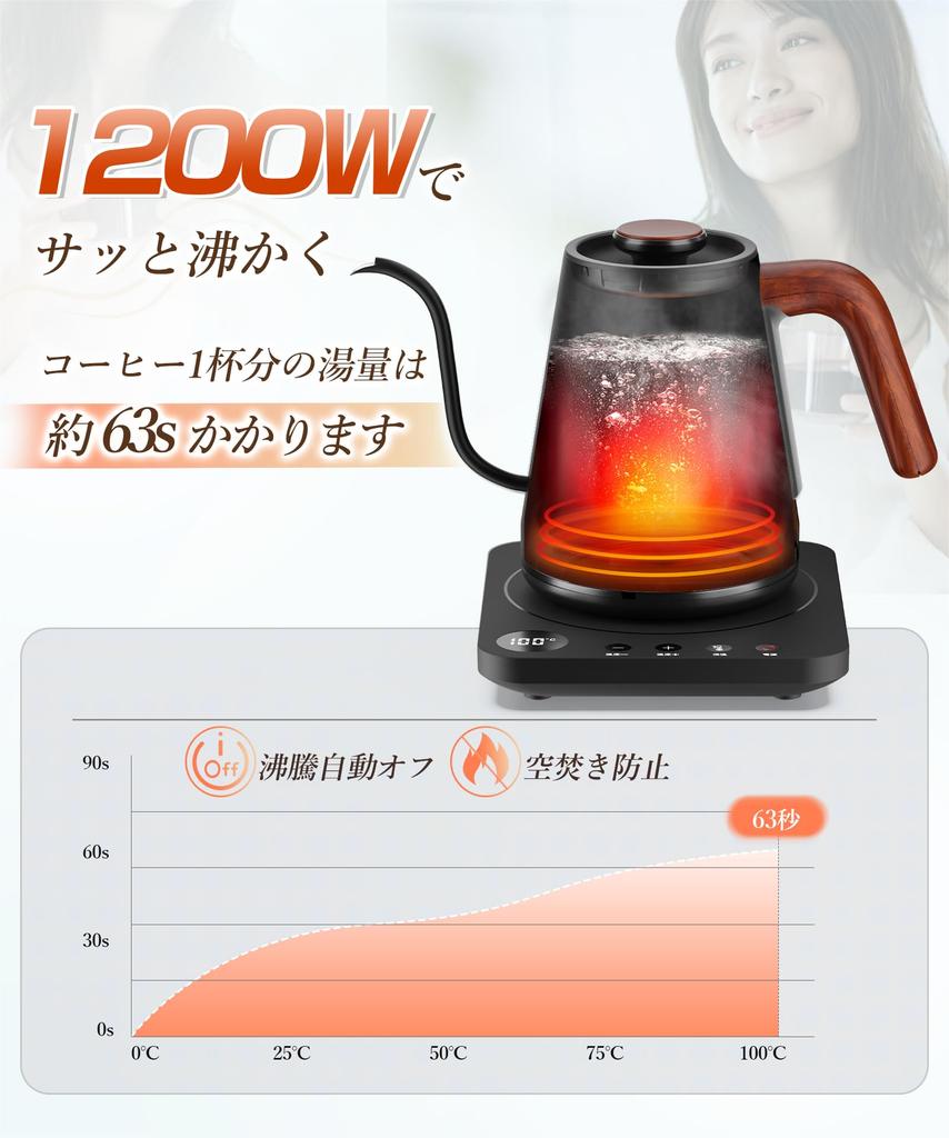 Электрический чайник для кофе 1200 Вт. Регулировка температуры капель. Электрический чайник. Прирост температуры. Минута тепла. Мощность приготовления. Сертифицированная подложка из дерева. Уважение к