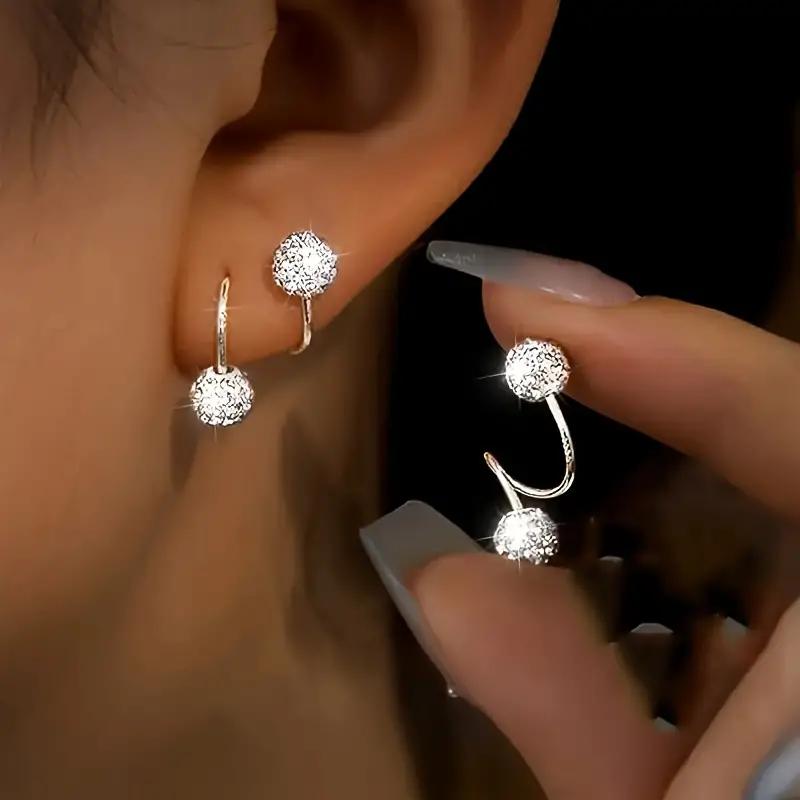 1 Pair Luxury Spiral Rod Ball Earrings, Stainless Steel, Versatile Daily Wear & Gift Jewelry, with Rhinestone Inlay for All-Season Fashion Accessory