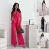 Women's Deep V Neck Sleeveless Wide Leg Jumpsuit with Waist Tie In Solid Colors