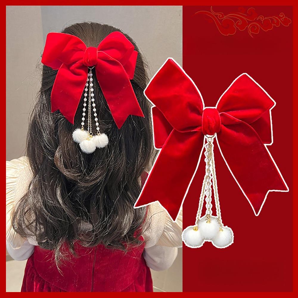 Headwear Red Bow Hair Clips Jewelry Tassels Pearl Barrettes Ribbon Hairpin Hair Styling Accessory