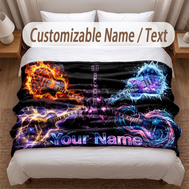 Music Guitar Theme Soft Blanket Personalized Custom Name Text Print Warm Blanket Home Sofa Bedroom Decor