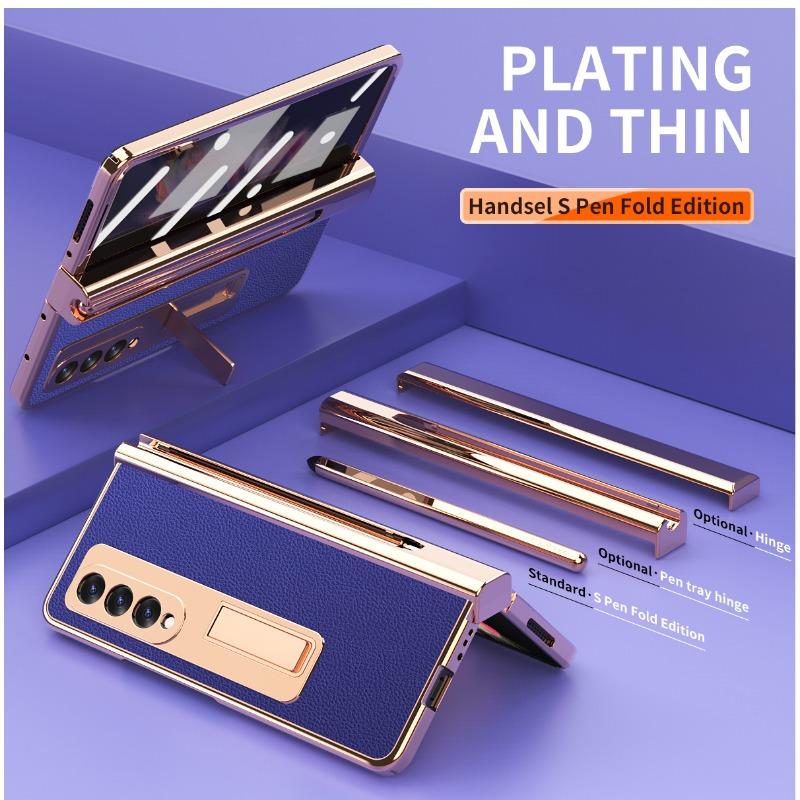 Plating Leather Case For Samsung Galaxy Z Fold 6 4 3 2 5 360 Full Protection Tempered Glass Kickstand Phone Cover