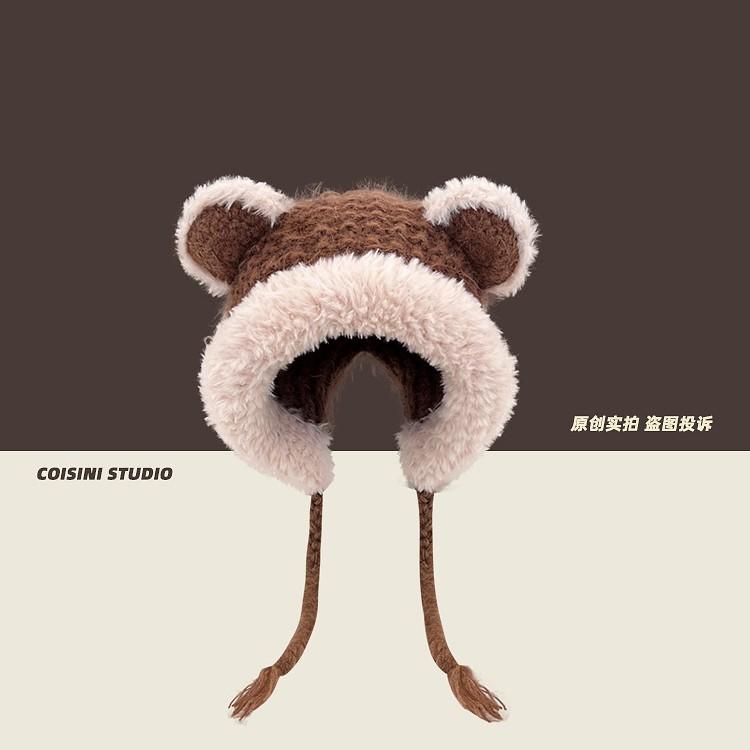 2025 new cute bear ears burr edge knitted wool hat children's warm versatile student ear hat