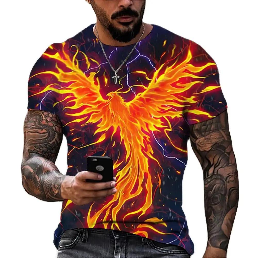 Anime Cartoon Phoenix 3d Printing Gorgeous and Cool Men's Summer Avant-garde Personality Round Neck Short-sleeved Casual T-shirt