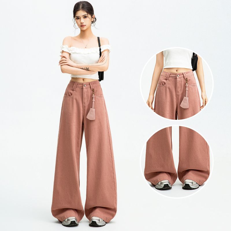 Pink wide-leg jeans women's small high-waisted spring and summer new high-waisted slim straight trousers trendy