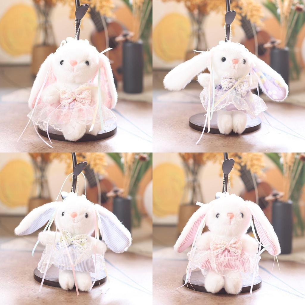 Cute Bunny Plush Doll With Striped Fabric For Bag Pendant And Key Holder