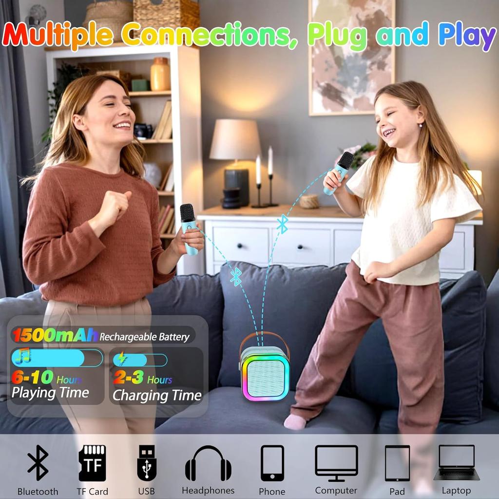 Mini Karaoke Machine,Portable Bluetooth Speaker with 2 Wireless Microphone for Kids Adults with Led Lights,Christmas Birthday Gifts for Girls Ages