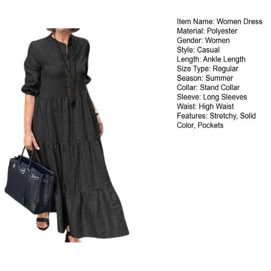 Летнее платье макси с воротником трапециевидной формы, плиссированными цветными рюшами, длинными рукавами, чистая свободная стойка, пэчворк, ПР, для поездок на работу