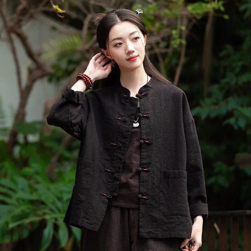 Johnature Женские рубашки в китайском стиле, топы с длинными рукавами и пуговицами, однотонные блузки, весенние свободные рубашки