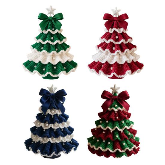 Handmade Crochet Christmas Tree DIY Xmas Tree Crochet Craft Starter Set with Bow And Faux Pearl for Beginners Knitting Holiday Decoration