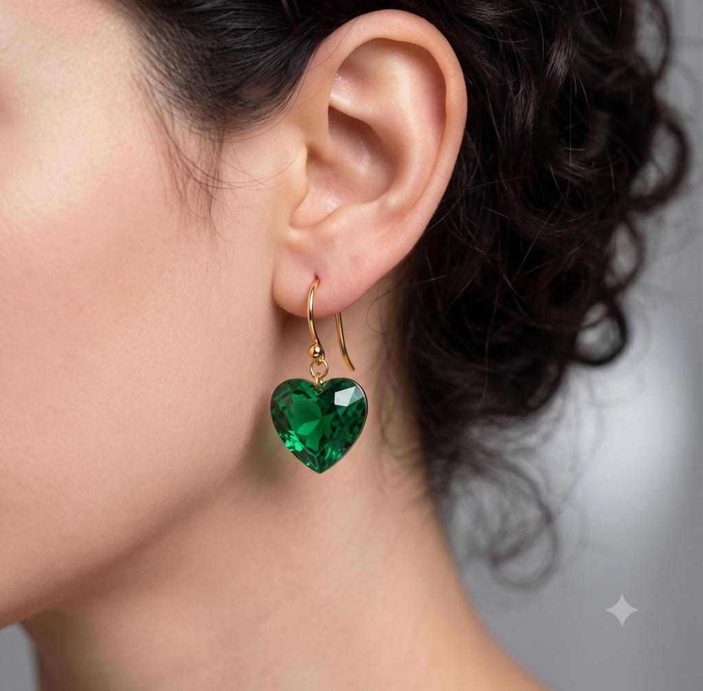 Heart Emerald Earring For Her, 925 Sterling Silver, Valentine Day Gift, Gold Hook Earring, Green Gemstone Earring, Gift For Love, Birthstone Earring