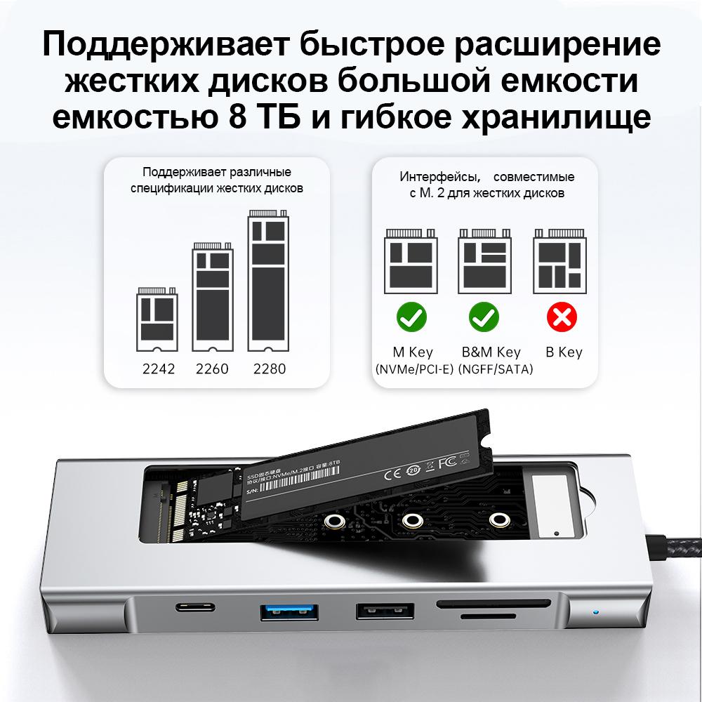USB-хаб 8-в-1 корпус для M.2 NVMe SATA SSD накопителя USB3.2 Type-c к HDMI-совместимой док-станции для ноутбука USB-адаптер для Macbook